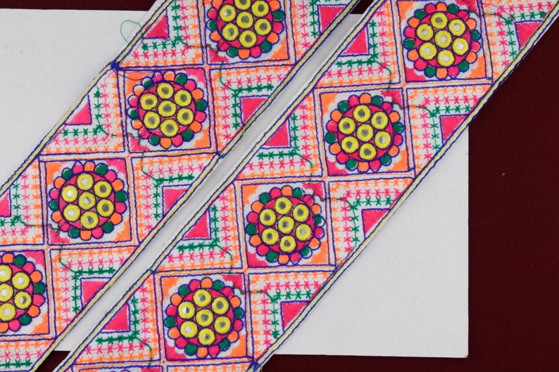 Costume Trim Sequin Lace 1 yard White and Pink Trim Geometric Trim Denim Jacket Patch Indian Decorative Trim Boho Embroidered Lace