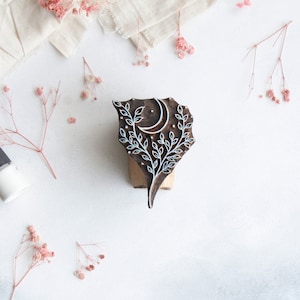 Sello de luna creciente, sello de bloque de madera, impresión celestial, impresión floral en bloque, sello de cerámica, sello de embalaje, impresión en bloque DIY, sello de diario