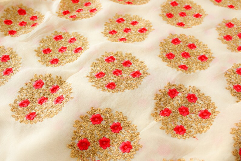 Cream and Gold Embroidered Fabric Chiffon Fabric Zari Fabric Indian Embroidered Fabric Half yard Mandala Fabric