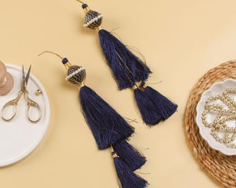 Blue Art Silk Tassels with Faux Pearls - Set of 2