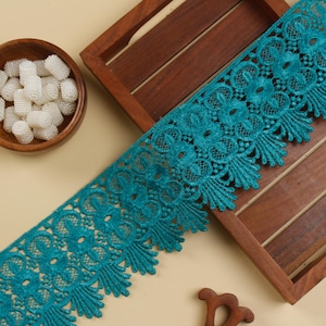 5 yards- Teal Green Crochet Lace Trim, Boho Floral Trim, Scalloped Lace, Trim for Curtains, Indian Embroidered Trim, Craft Ribbon, GPO Lace