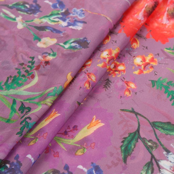 floral polyester dress fabric Blue and Red Floral on Grey Background Printed Polyester Mikado Fabric