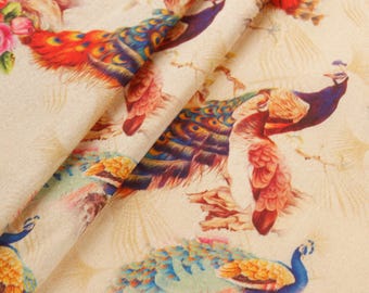 1 yard- Peacock Print Fabric, Watercolour Print, Art Silk Fabric, Indian Silk, Printed Dupioni, Upholstery Fabric, Home Decor Fabric, DIY