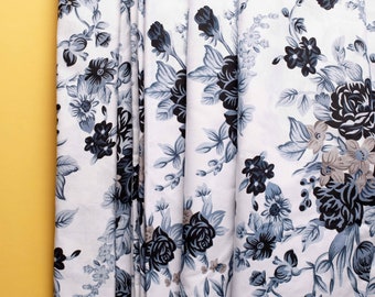 Floral Print Cotton Fabric, White and Steel Blue, 1 Yard