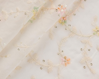 1 yard- Off-White Embroidered , Sequin , Indian Floral Georgette, Salwar Suit,  Lehenga, Home Decor Fabric.