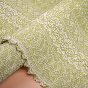 Green Schiffli Fabric, Indian Cotton, Chikankari Fabric, Summer Dress Fabric, Skirt Fabric, Embroidered Fabric by the Yard, Sewing DIY