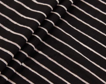 1 Yard Black Striped Block Print Cotton Fabric, Indian Kurta Material, Dress Fabric.