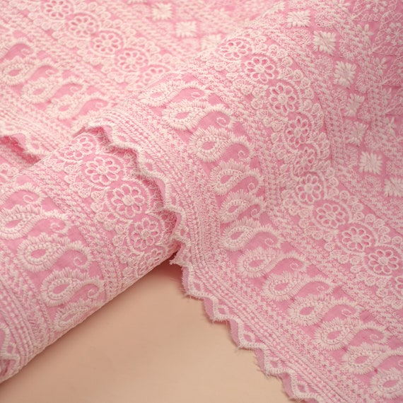 Pink Schiffli Embroidered Cotton Fabric, Indian Chikankari, Summer Dress Fabric
