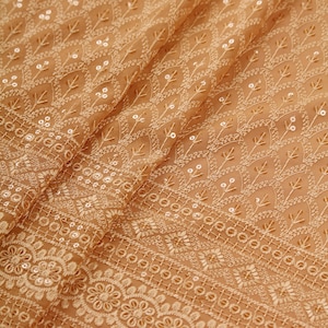 Beige Embroidered Floral Sequin Fabric – Indian Georgette, 1 Yard