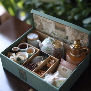 May include: A teal green gift box filled with a tea set, including a teapot, teacups, tea strainer, tea leaves, and other tea accessories. The box is decorated with a floral pattern and has a gold accent.