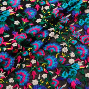 Black Floral Embroidered Georgette Fabric, Boho Clothing, Indian Lehenga, Salwar Suit fabric.