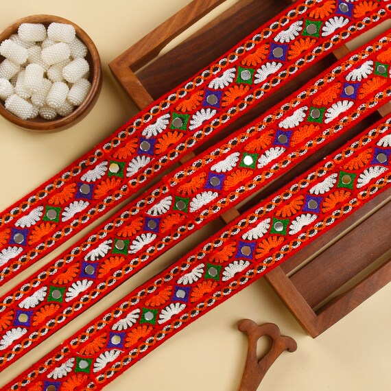 Red Orange Kutchi Trim – Indian Embroidered Mirror Work Lace, 3 Yards