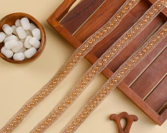 Encaje para dupatta indio con ribete de perlas en oro rosa, 5 yardas