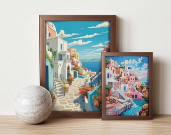 May include: Two framed paintings of a colorful, whitewashed village on a Greek island. The paintings feature blue water, a blue sky, and white buildings with pink accents. The paintings are in brown frames.