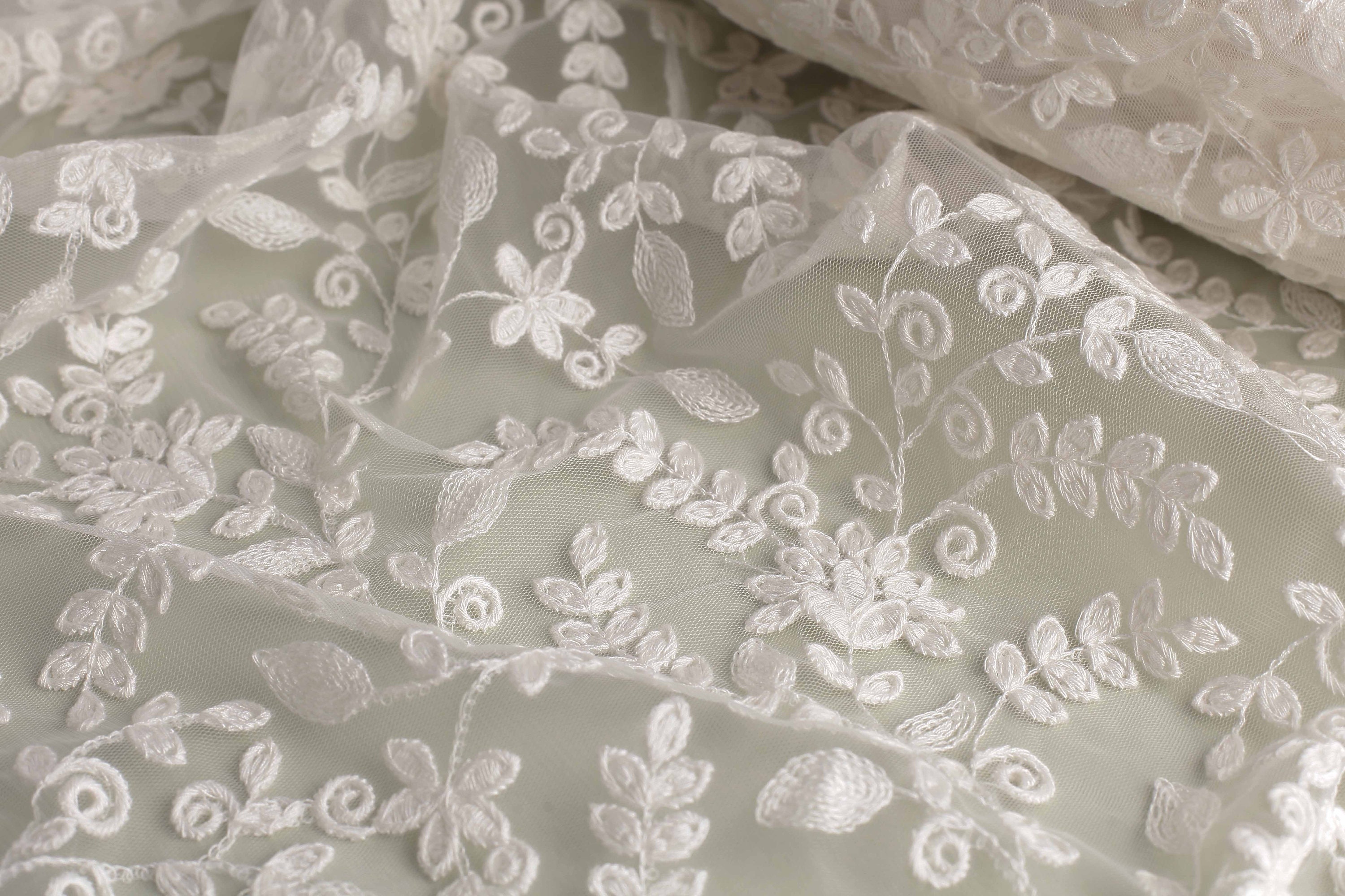 White Net Fabric With Off-white Embroidery, Boho Floral Fabric, Embroidered  Net Fabric, Wedding Dress Fabric 1 Yard 