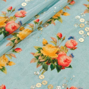 Mint Blue Velvet Fabric, Floral Indian Fabric, Embroidered Lehenga, Home Decor Fabric, Micro Velvet by the Yard, Sewing Supplies
