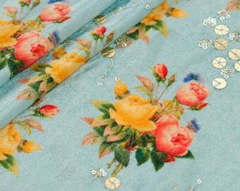 Tela de terciopelo floral azul menta, lehenga india bordada, artículos de costura