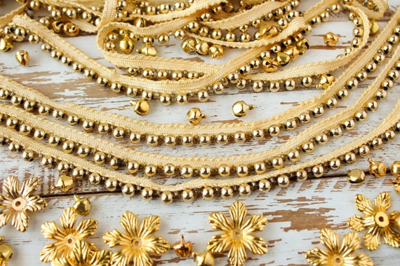 Indian Ribbon Gold Decorative Trim Matt Gold Beaded Trim Matt Gold Pearl Trim Bridal Wear Embellishment Indian Trim