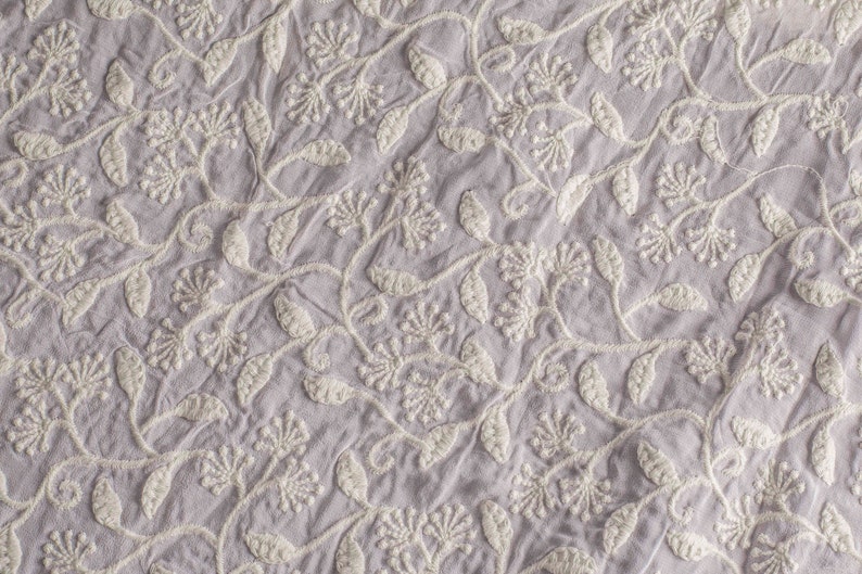 Indian Embroidered Fabric Off-White Embroidered Fabric Georgette Fabric Bridal Wear Fabric One yard
