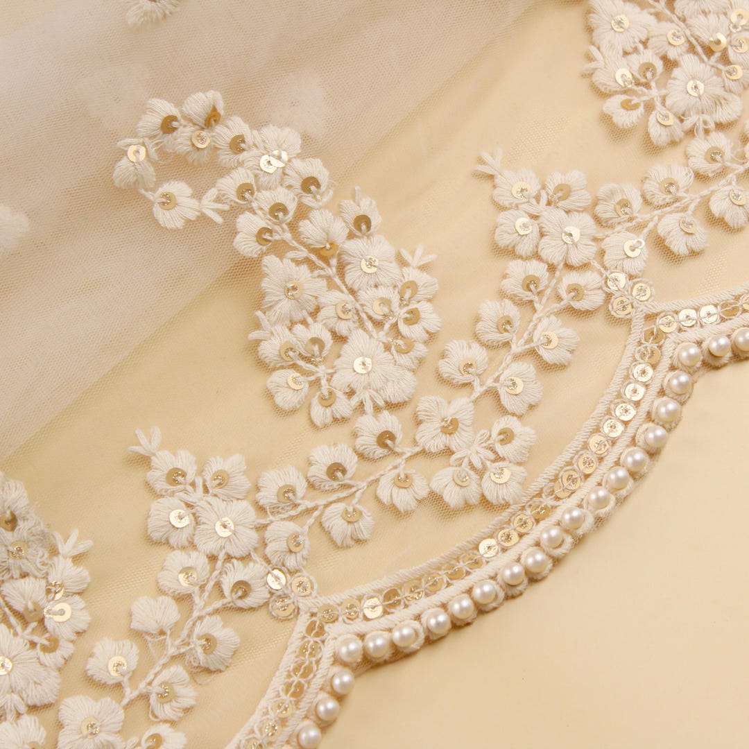 Beaded Embroidered Fabric - White - Embroidered Heart and Feather Pattern Fabric Sold By Yard