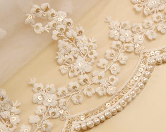 White Floral Embroidered Net Fabric – Bridal Scalloped Dupatta with Pearls