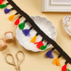 9 yards- Rainbow Tassel Trim, Fringe Trim, Trim with Mini Tassels, Boho Tassel Trim, Indian Ribbon, Upholstery Lace, Trim for Curtains