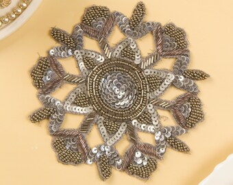 Grey Floral Beaded Applique, Sequin Embroidered jacket Patch