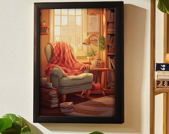 Puede incluir: Una ilustración enmarcada de una acogedora sala de estar con un sillón mullido cubierto con una manta roja, una estantería llena de libros, una lámpara y una planta en maceta. La luz del sol entra por una ventana, iluminando la habitación.