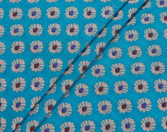 Teal Blue Brocade Fabric – Gold Floral Jacquard, Indian Style (By The Yard)