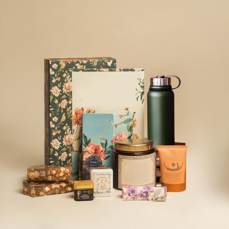 May include: A gift set with a floral patterned box, a green water bottle, a candle in a glass jar with a gold lid, a small blue notebook, a bar of soap, a small bottle of liquid, and a tube of lotion.