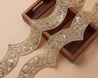Gold Scalloped Sequin Trim – Embroidered Floral Trim, 9 Yards
