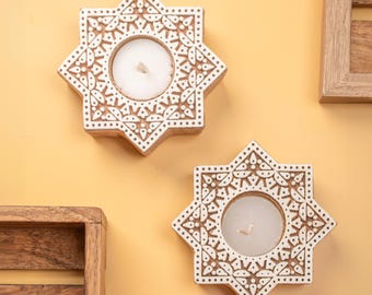 Hand Carved Wood Star Tealight Holder, Diwali Decor