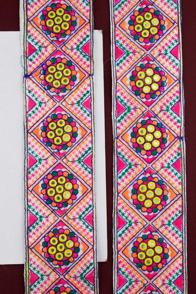 Costume Trim Sequin Lace 1 yard White and Pink Trim Geometric Trim Denim Jacket Patch Indian Decorative Trim Boho Embroidered Lace