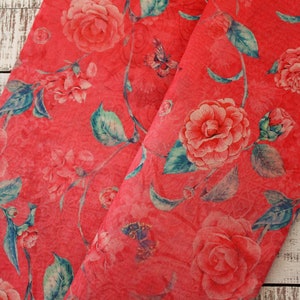 1 yard- Coral Pink Watercolour Print Fabric, Blend Dupioni Silk Fabric, Indian Fabric, Floral Silk Fabric, Art Silk