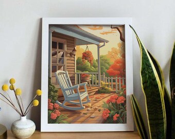 May include: A white rocking chair sits on a porch with a wooden floor. The porch is surrounded by fall foliage in shades of red, orange, and yellow. A hanging basket with green plants is visible above the chair.