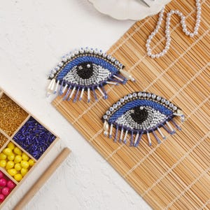 Set of 2- Blue Eye Patches, Pearl Appliques, Indian Appliques, Denim Jacket Patch, Embroidered Patches, Beaded Patches for Hats, Craft DIY
