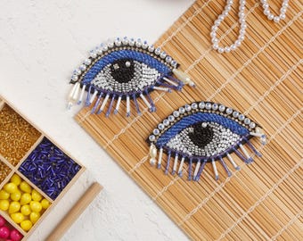 Blue Eye Appliques - Beaded Pearl Patches, Craft DIY (Set of 2)