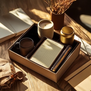 Puede incluir: Una caja de madera marrón con tapa beige contiene una vela blanca, un tarro dorado, una taza marrón, una agenda de cuero marrón con el texto "Habit Tracker" y un bolígrafo marrón.