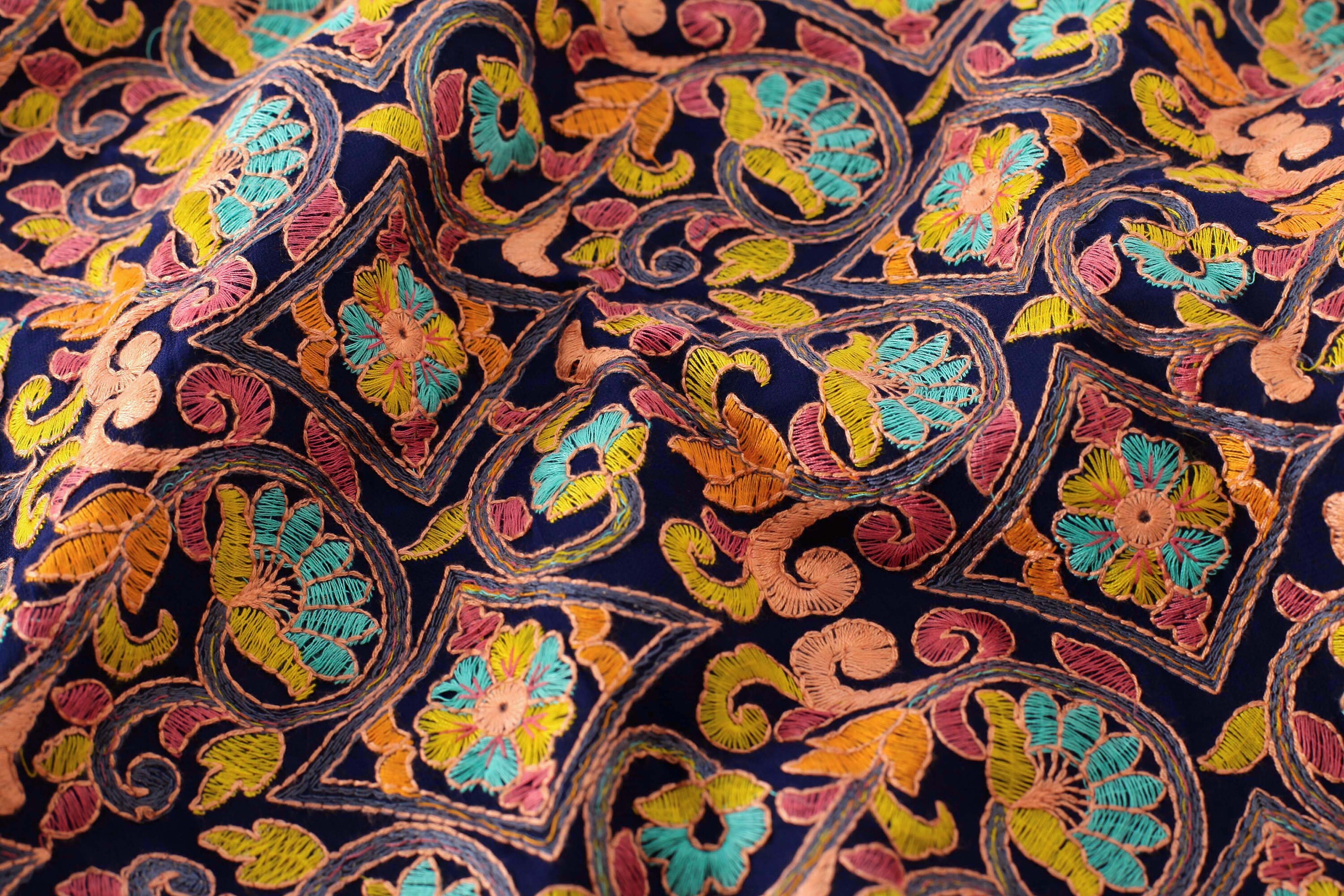 1 yard of Blue Embroidered Fabric Floral Fabric Etsy