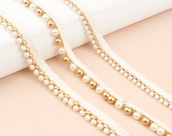 20 Meter- Off-White und Gold Borte, Polsterborte, indische Nähborte, Perlenband, Borte für Vorhänge, Dupatta Paspelschnur, Perlenspitze