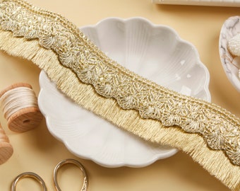 Pale Gold Metallic Fringe Trim – Eyelash Tassel, 3 Yards