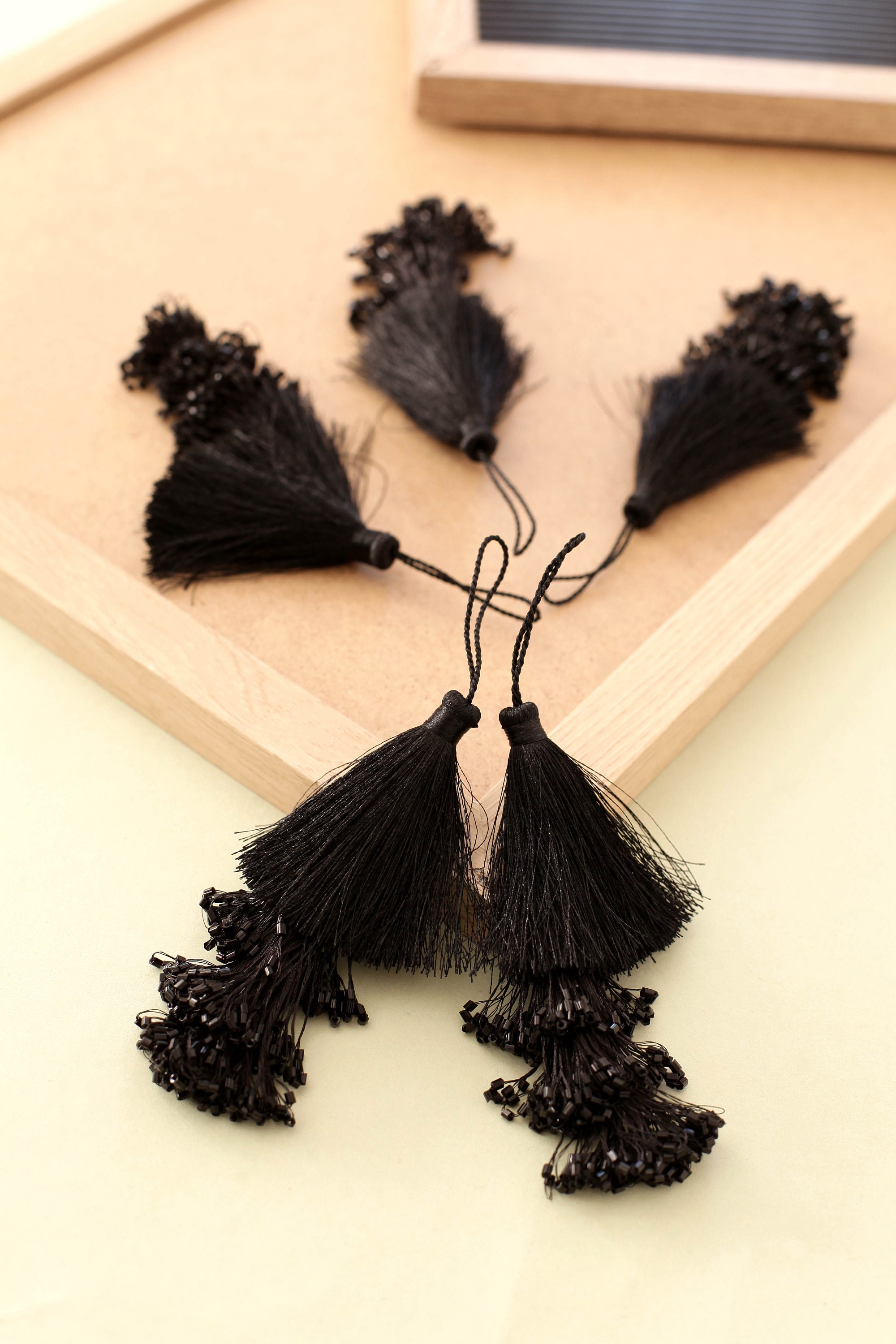 Black Beaded Tassels Bugle Bead Tassels Black Silky Tassels Etsy