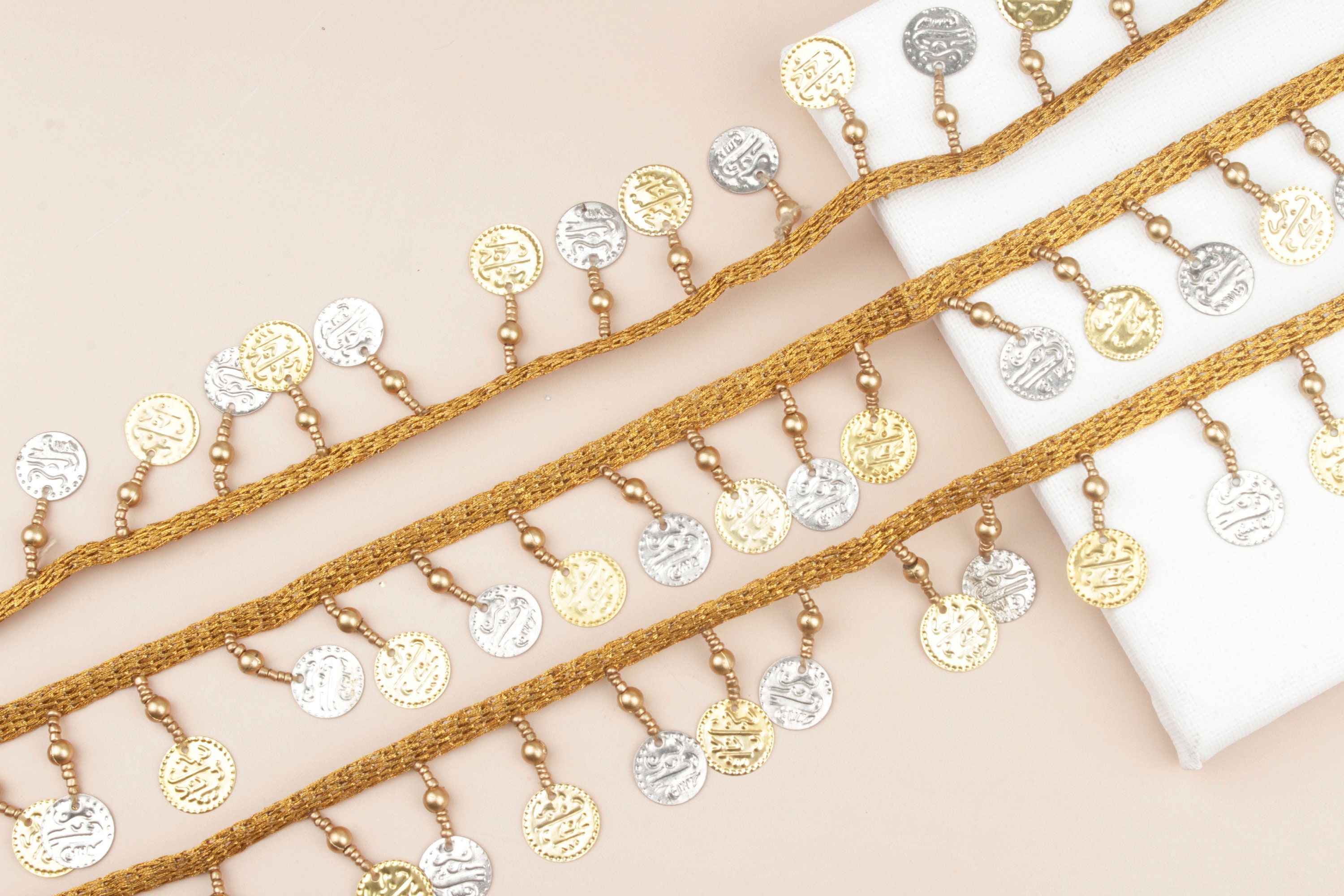 9 yards Gold and Silver Coin Trim Indian Beaded Trim Etsy