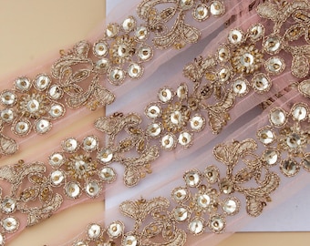 Blush Pink Embroidered Sequin Trim, Indian Costume Ribbon, 1.75" Wide