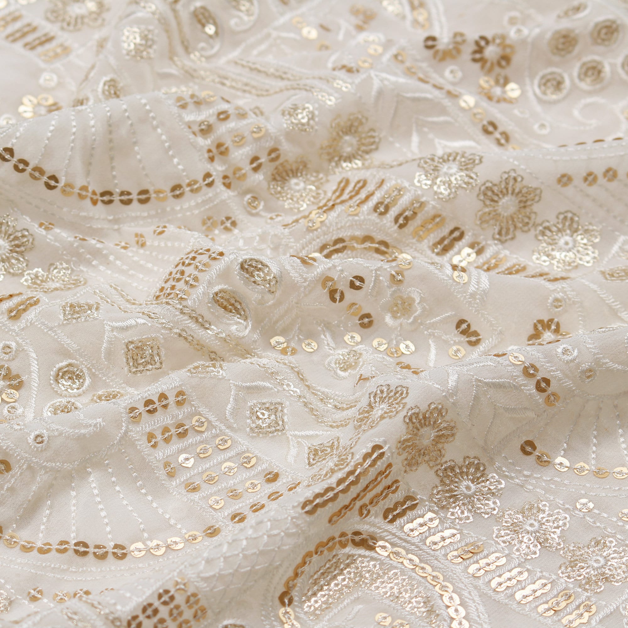 White Embroidered Georgette Fabric, Gold Sequins, Indian Patchwork Pattern  - Etsy