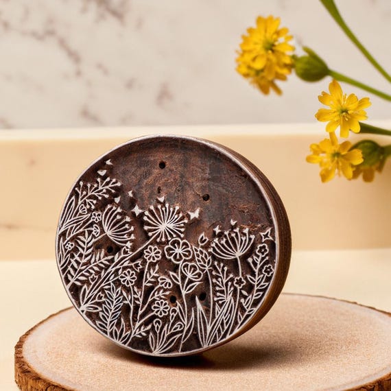 Hand-Carved Wildflower Meadow Wooden textile printing Block Stamp, pottery, journal block.