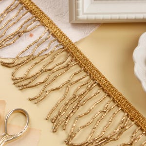 2 yards- Antique Gold Beaded Trim, Indian Trim, Gold Fringe Trim, Trim with Gold Bugle Beads, Beaded Fringe, Tassel Trim, Upholstery Fringe