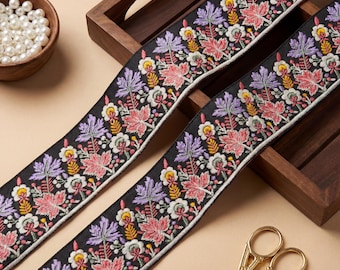 Floral Jacquard Trim – 4 Inch Wide Indian Sewing Ribbon, 3 Yards, Upholstery Lace, Embroidered Trim