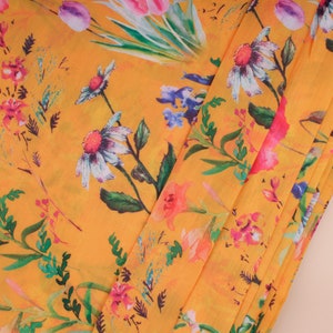 1 yard of Marigold Yellow Fabric, Watercolour Print Fabric, Muslin Silk Fabric, Indian Fabric, Clothing Fabric, Tropical Floral Fabric