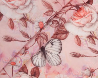 Blush Pink Floral Organza Fabric – 3D Butterfly Print, Sheer (1 Yard)